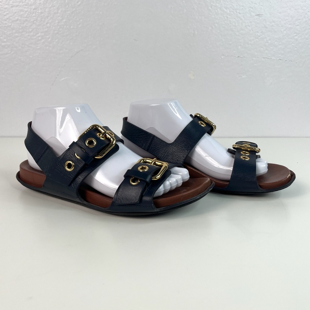 Marni Fussbett Navy Leather Double Buckle Strap Sandals Size 39